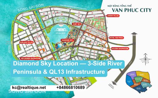 Diamond Sky vị trí bán đảo ven sông Sài Gòn cạnh Quốc lộ 13 | Diamond Sky riverfront peninsula location next to QL13