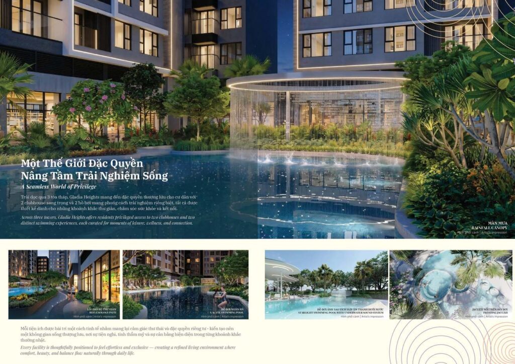 Tổ hợp hồ bơi và khu vui chơi nước trẻ em Gladia Heights tiện ích Grow | Gladia Heights kids pool water playground Grow amenities