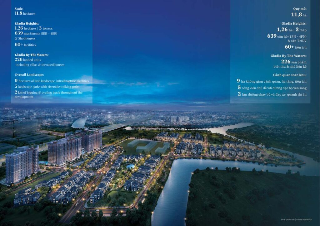 Gladia Heights ven sông về đêm cụm đô thị khu Đông | Gladia Heights riverfront night township East Saigon