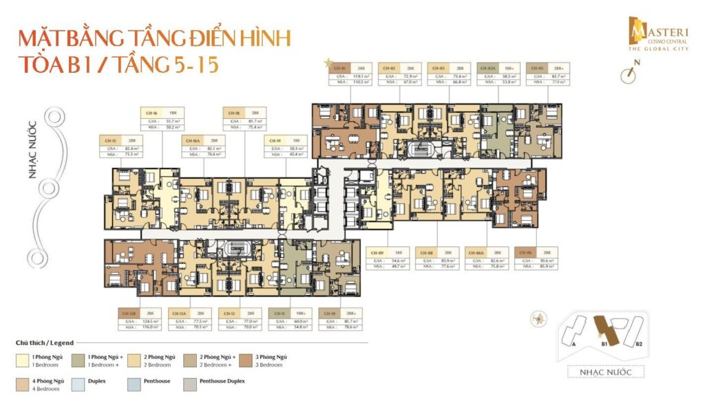 Mặt bằng tầng điển hình tòa B1 Nexus Zone tầng 5-15 căn 1-4 phòng ngủ | Nexus Zone tower B1 typical floor plan