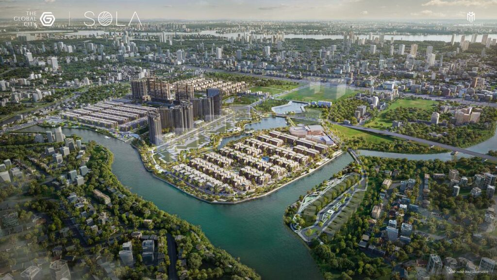 Bán đảo Sola nhìn từ trên cao với hệ công viên nội khu The Global City | Sola Peninsula bird-eye view internal parks