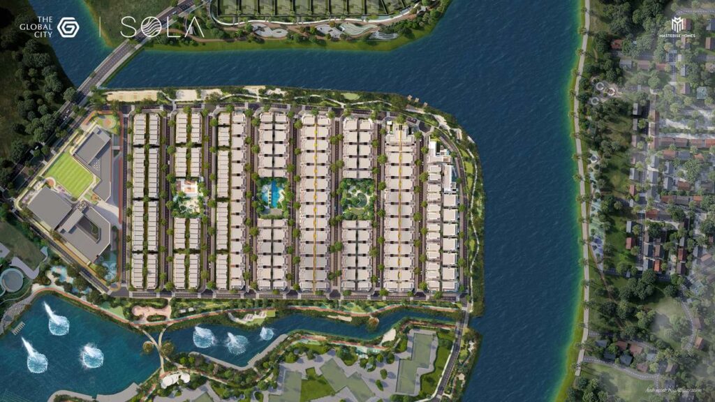 Toàn cảnh Bán đảo Sola villa compound ba mặt giáp sông trong lõi The Global City TP.HCM | Sola Peninsula villa compound aerial The Global City
