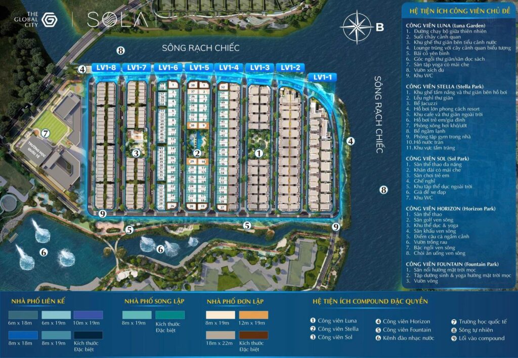 Mặt bằng tổng thể Bán đảo Sola: 5 công viên Luna Stella Sol Horizon Fountain, nhà phố liên kế biệt thự song lập đơn lập | Sola Peninsula master plan 5 parks villa townhouse
