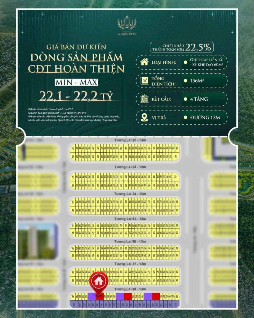 Vinhomes Saigon Park — Layout & bảng hàng nhà phố liền kề | Vinhomes Saigon Park townhouse layout & price list