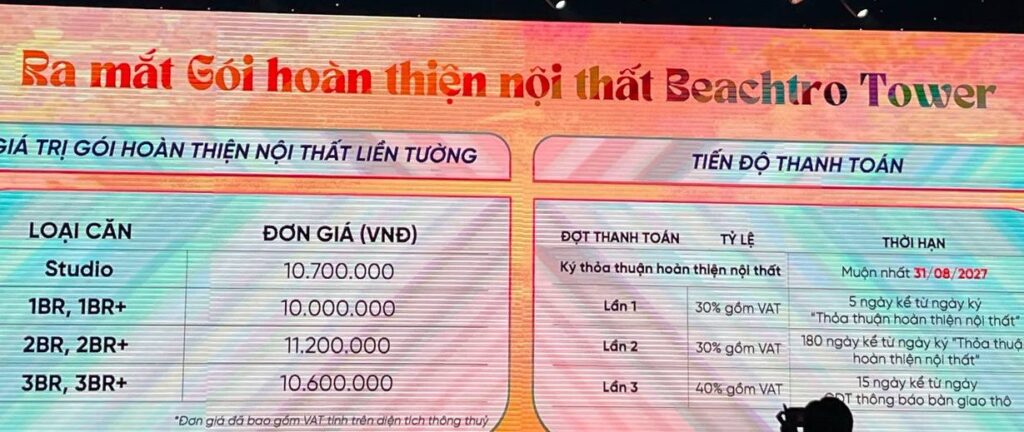 Bảng giá gói hoàn thiện nội thất Beachtro Tower theo loại căn | Beachtro Tower interior fit-out package price by unit type