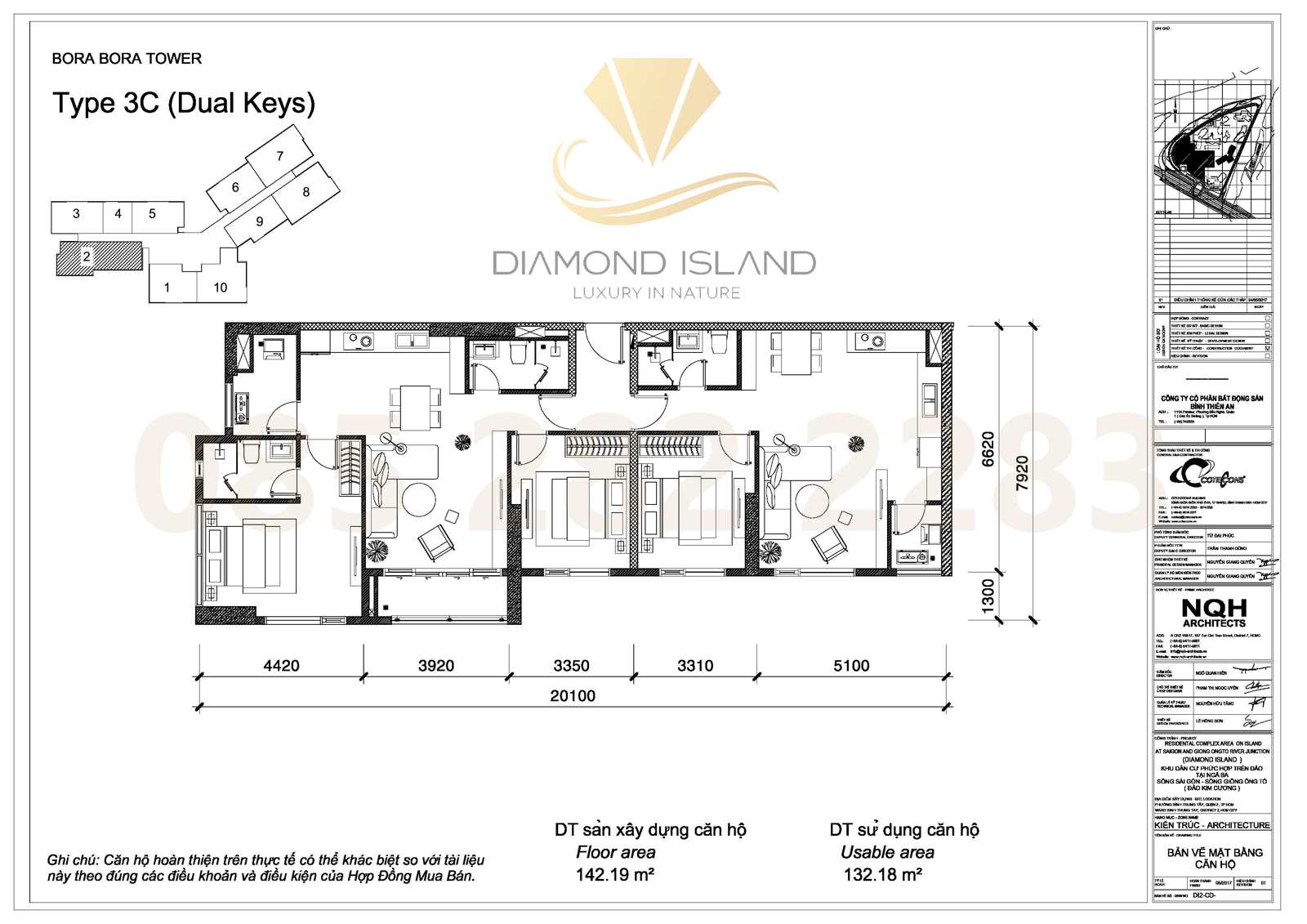 Bora Bora apartment floor plan, căn hộ 3 phòng ngủ Dual Key