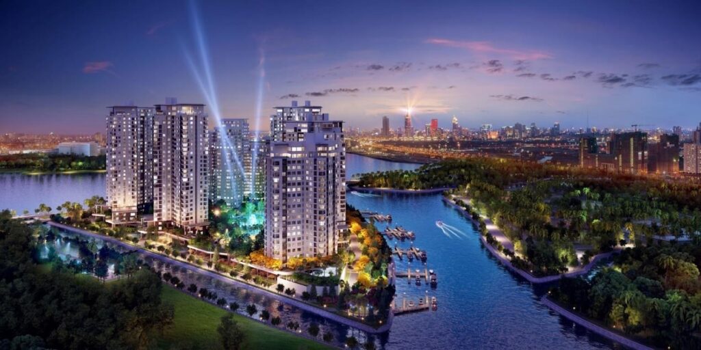 Diamond Island về đêm, nhìn về trung tâm TP.HCM | Diamond Island at night with the city skyline