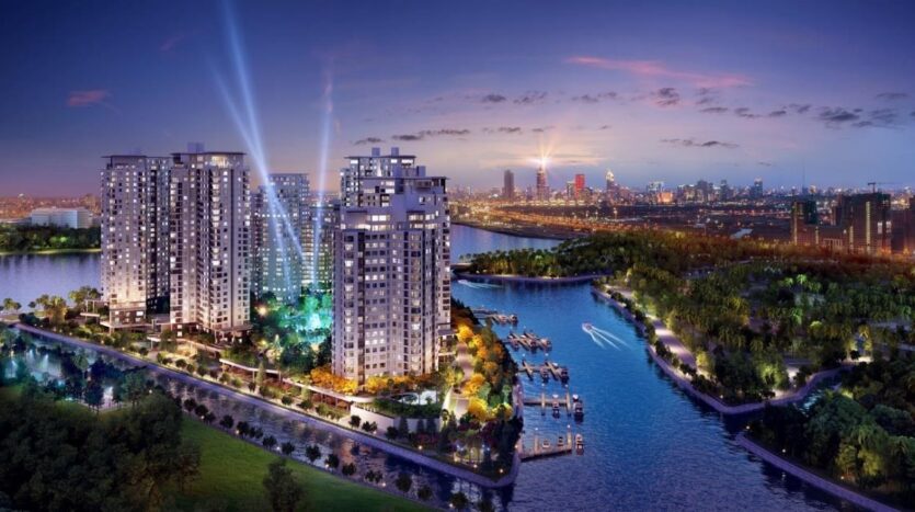 Diamond Island về đêm, nhìn về trung tâm TP.HCM | Diamond Island at night with the city skyline