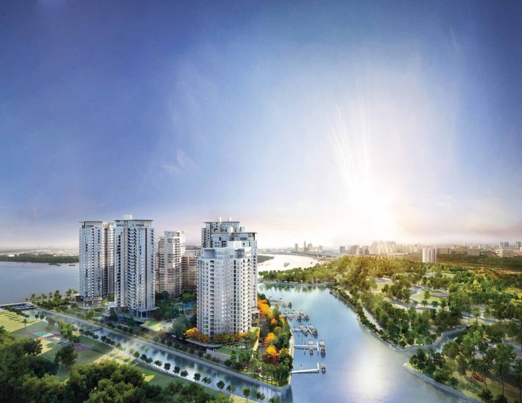 Các tháp Diamond Island lúc bình minh | Diamond Island towers at sunrise