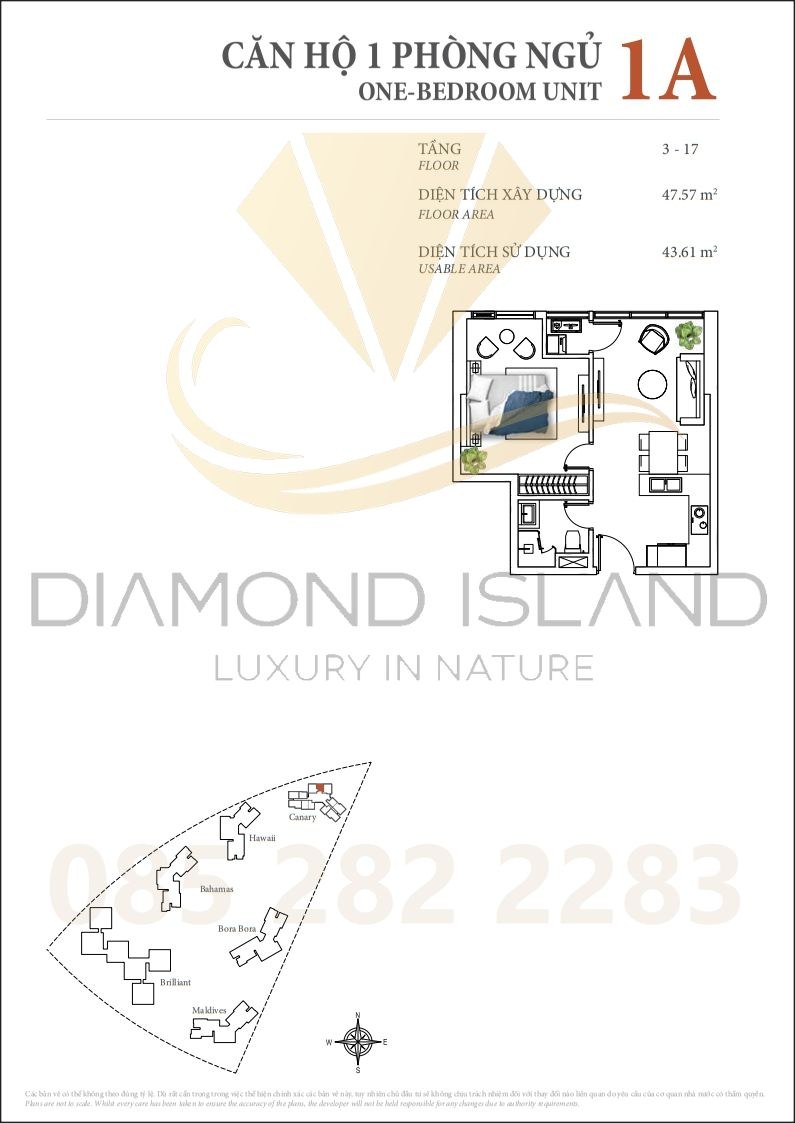 Canary apartment floor plan, căn hộ 1 phòng ngủ 01