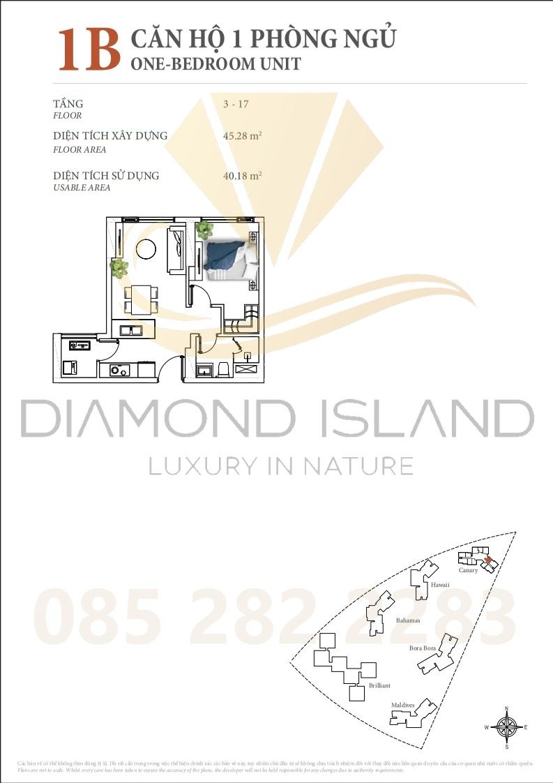 Canary apartment floor plan, căn hộ 1 phòng ngủ 03