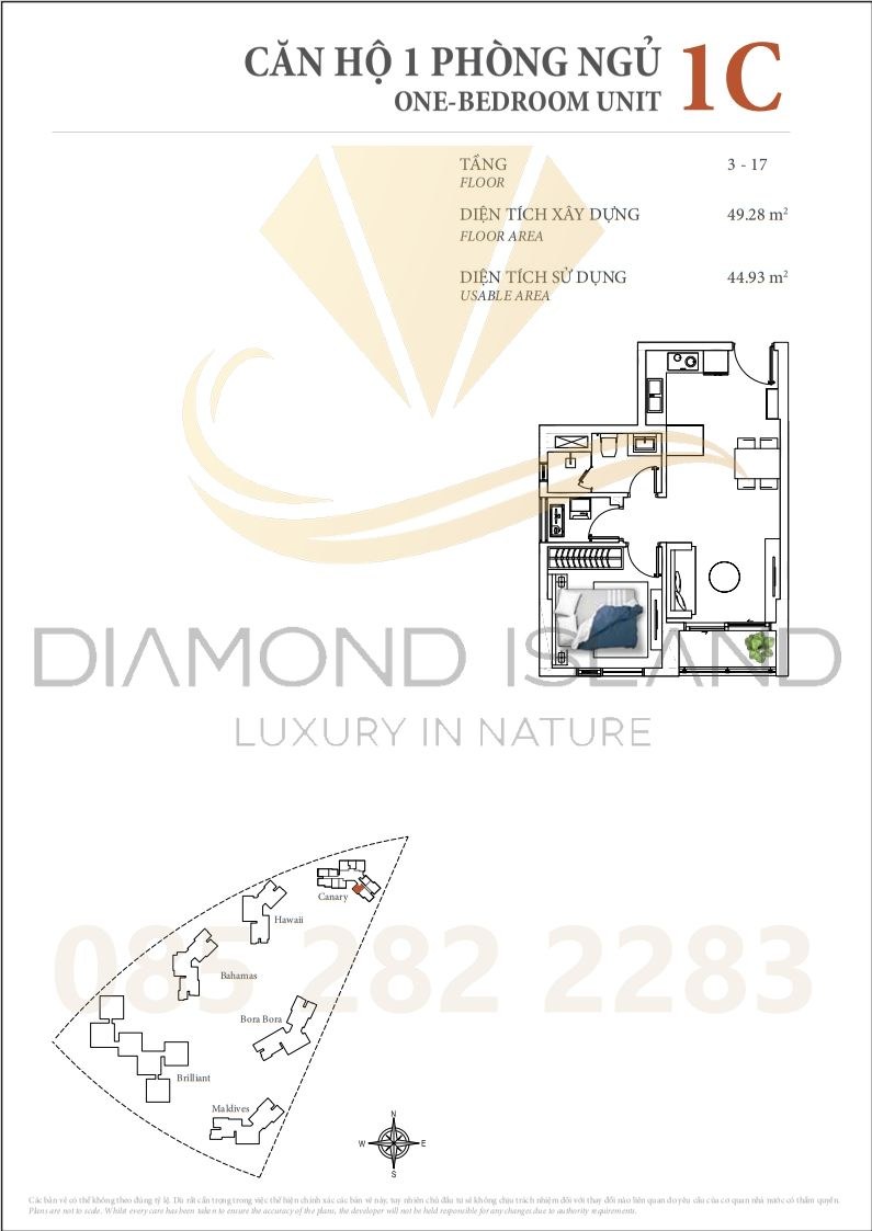 Canary apartment floor plan, căn hộ 1 phòng ngủ 06