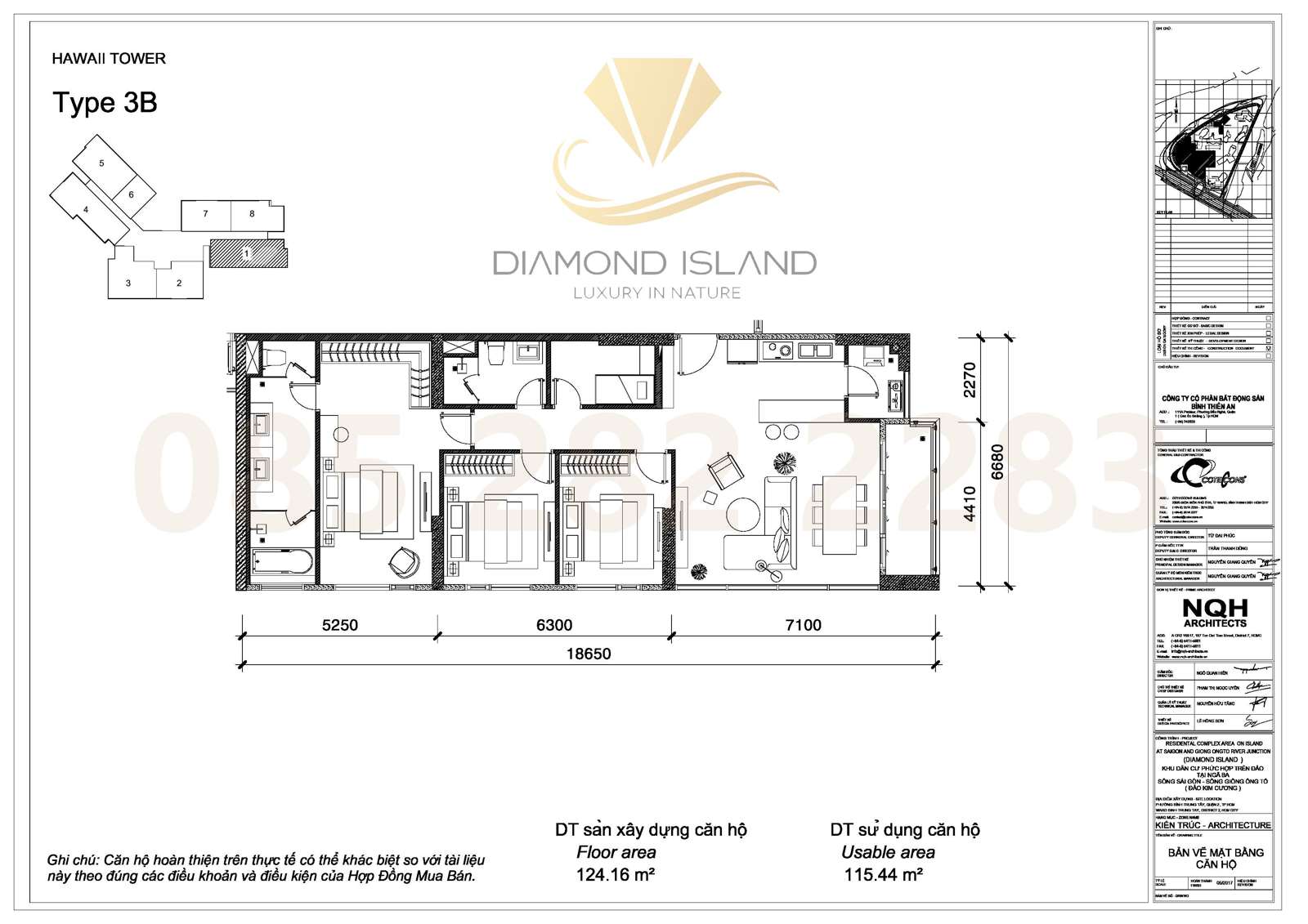 Hawaii apartment floor plan, căn hộ 3 phòng ngủ 01