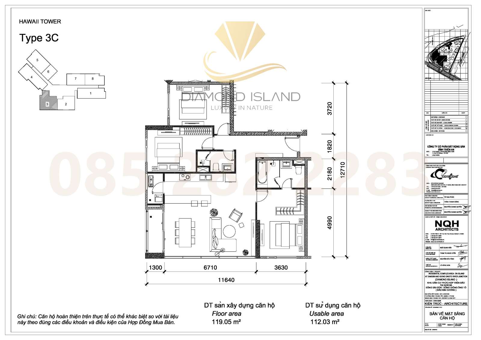 Hawaii apartment floor plan, căn hộ 3 phòng ngủ 03
