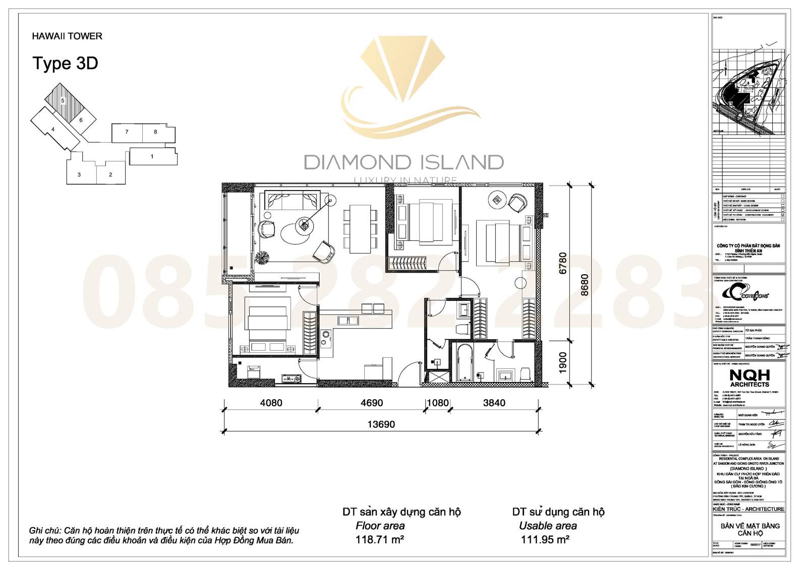 Hawaii apartment floor plan, căn hộ 3 phòng ngủ 05