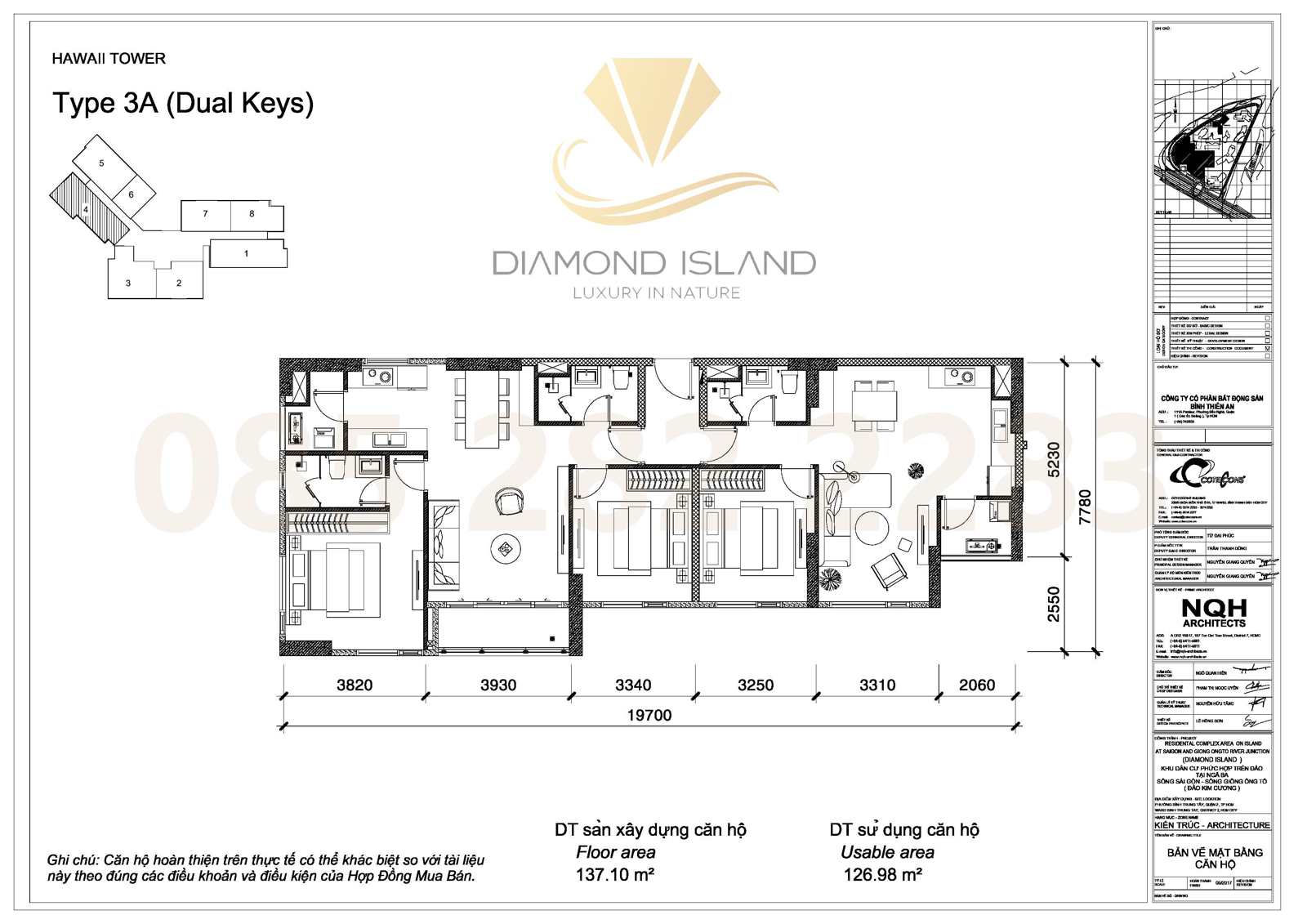 Hawaii apartment floor plan, căn hộ 3 phòng ngủ Dual Key