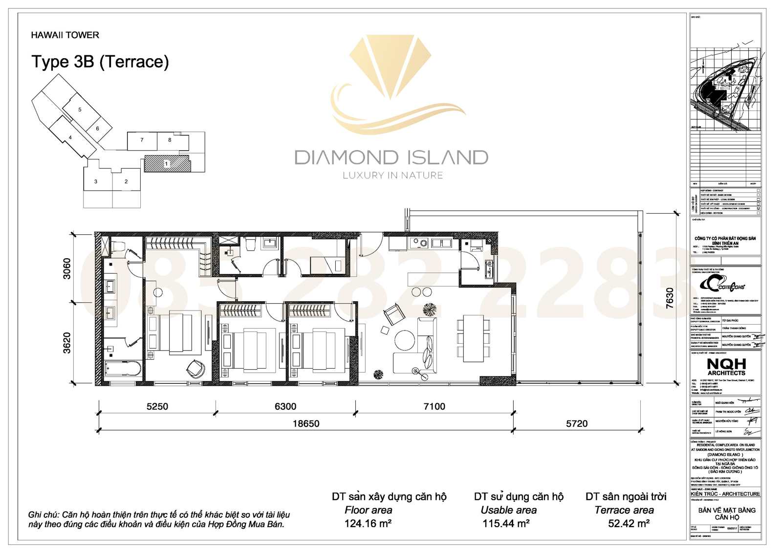 Hawaii apartment floor plan, căn sân vườn 3 phòng ngủ 01