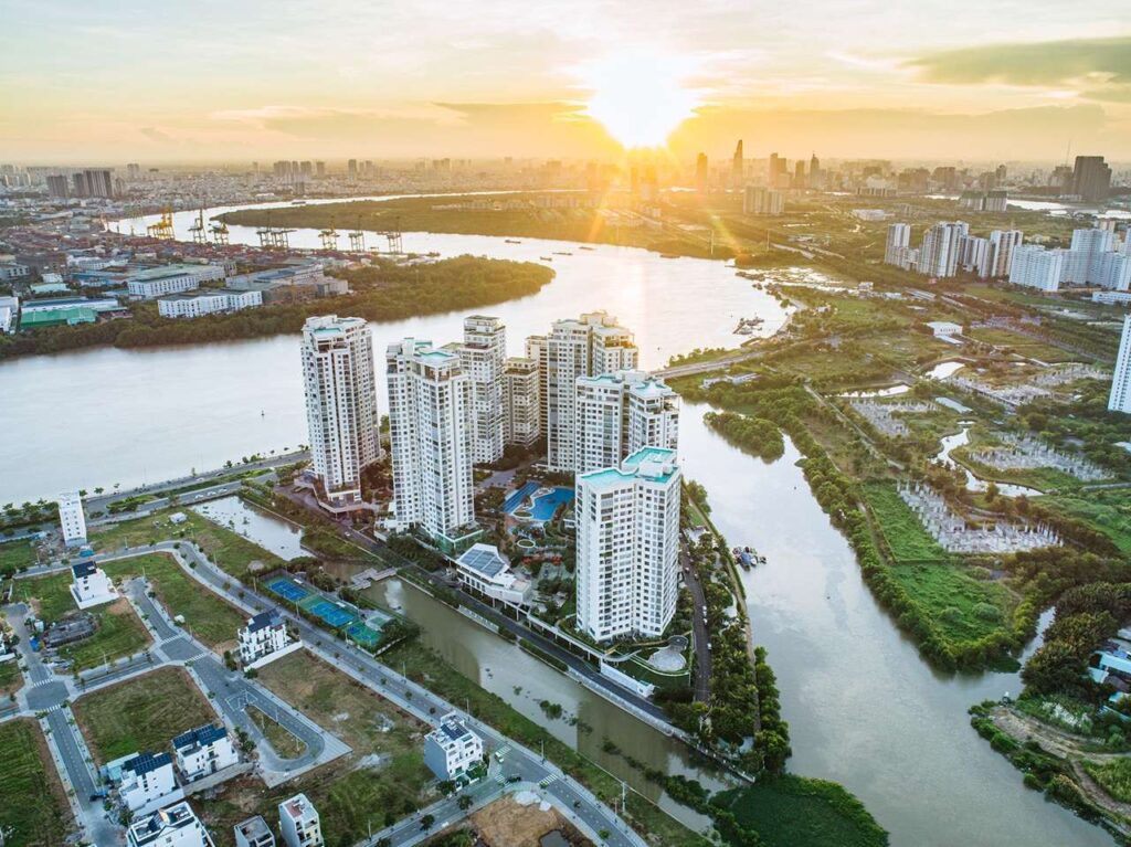 Diamond Island nhìn từ trên cao lúc bình minh trên sông | Aerial view of Diamond Island at sunrise over the river