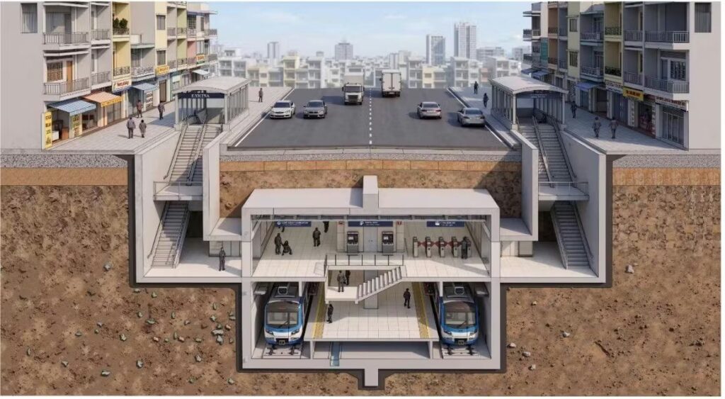 Mặt cắt phối cảnh ga ngầm tuyến Thủ Dầu Một - TP.HCM (Nguồn MAUR) | Underground station cross-section Thu Dau Mot-HCMC metro