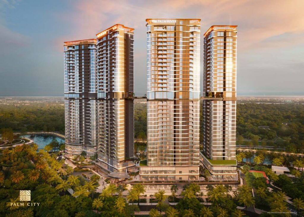 Cụm tháp căn hộ Palm River bên sông lúc hoàng hôn | Palm River riverside apartment towers at dusk