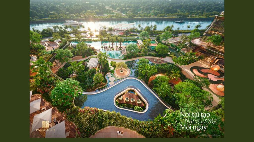 Cảnh quan tiện ích nội khu Palm River với hồ bơi và công viên ven sông | Palm River internal amenities with pool and riverside park