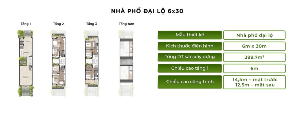 Mặt bằng nhà phố đại lộ 6x30 Rừng Phượng Eco Retreat | Boulevard shophouse 6x30 floor plan Rung Phuong