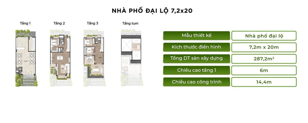 Mặt bằng nhà phố đại lộ 7,2x20 Rừng Phượng Eco Retreat | Boulevard shophouse 7.2x20 floor plan Rung Phuong