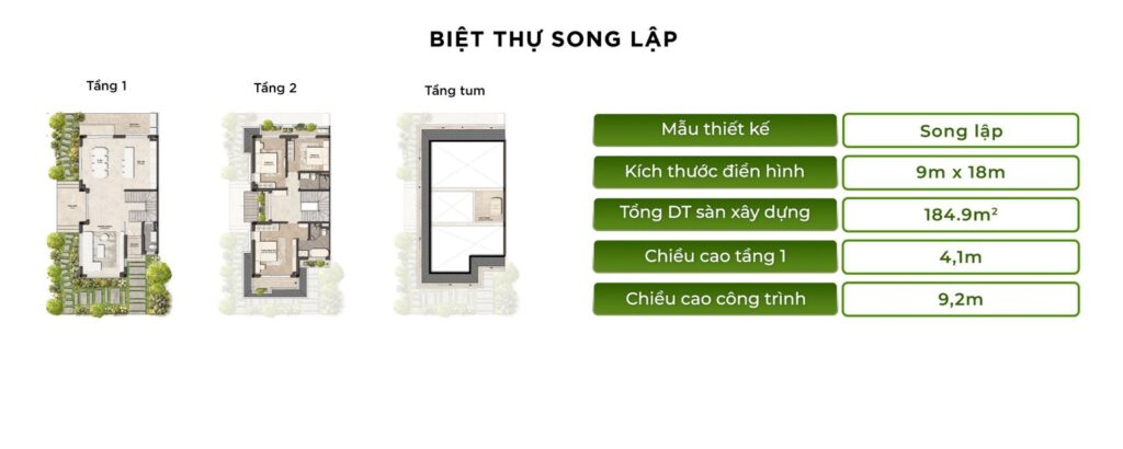 Mặt bằng biệt thự song lập 9x18 Rừng Phượng Eco Retreat | Semi-detached villa floor plan Rung Phuong