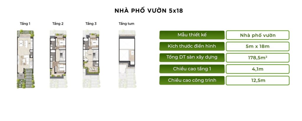 Mặt bằng nhà phố vườn 5x18 Rừng Phượng Eco Retreat | Garden townhouse 5x18 floor plan Rung Phuong