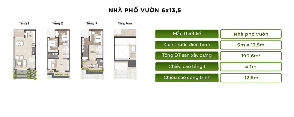 Mặt bằng nhà phố vườn 6x13,5 Rừng Phượng Eco Retreat | Garden townhouse 6x13.5 floor plan Rung Phuong