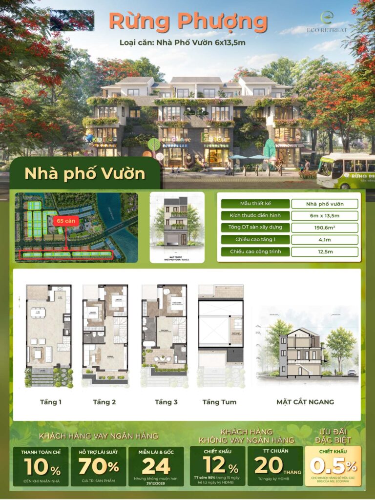 Layout nhà phố vườn 6x13,5 Rừng Phượng Eco Retreat | Rung Phuong garden townhouse 6x13.5 layout