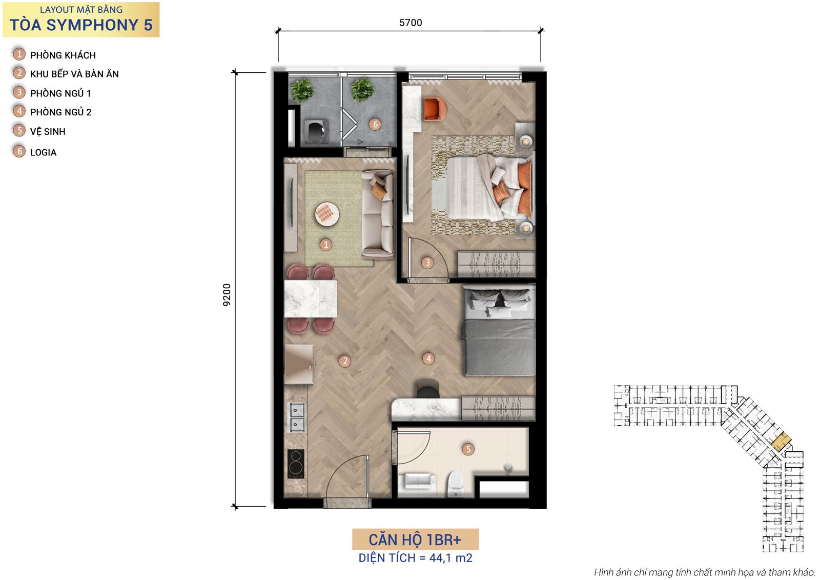 Mặt bằng căn hộ tháp S5A Mặt bằng căn hộ 1PN+ mẫu A tháp S5A — Sun Symphony 5