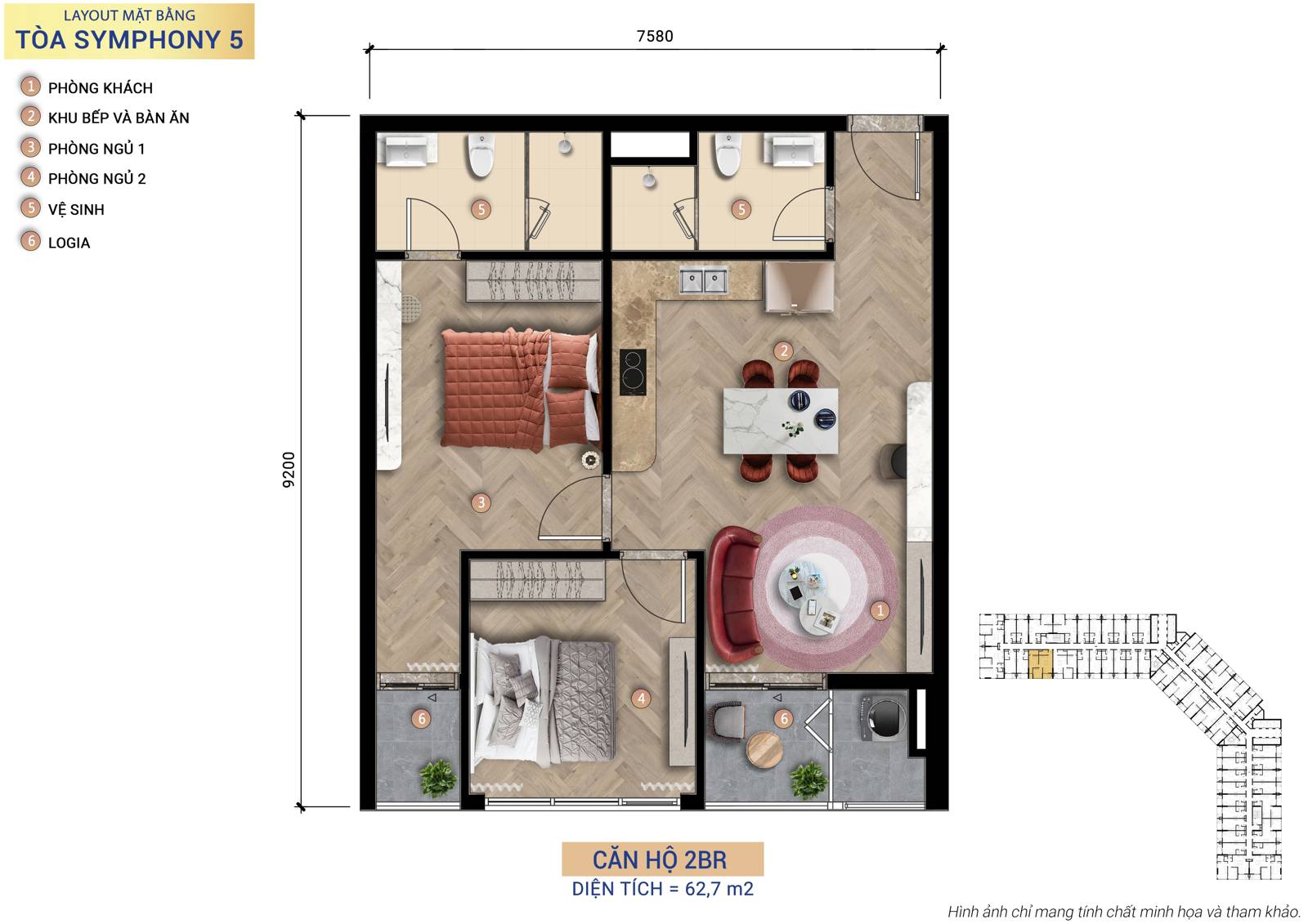 Mặt bằng căn hộ tháp S5A Mặt bằng căn hộ 2PN 64,9–69,9m² tháp S5A — Sun Symphony 5