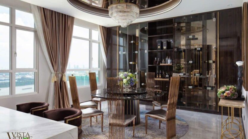 Phòng ăn penthouse Sky Mansion Vista Verde với tủ rượu và view sông | Sky Mansion penthouse dining room with wine cabinet and river view, Vista Verde