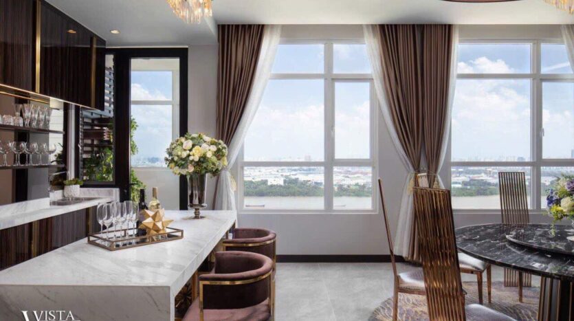 Quầy bar đảo bếp đá marble view sông penthouse Sky Mansion Vista Verde | Marble island bar with river view, Sky Mansion penthouse Vista Verde