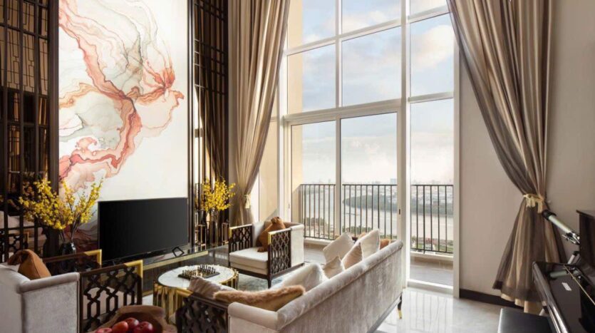 Phòng khách thông tầng trần 8m view trực diện sông Sài Gòn penthouse Sky Mansion Vista Verde | Double-height living room with 8m ceiling and direct Saigon River view, Sky Mansion penthouse