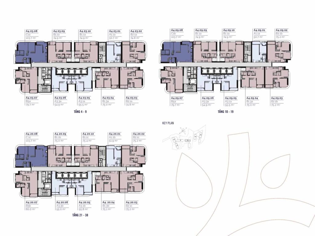 Mặt bằng căn hộ điển hình các tầng tòa Lagoon (A4) Eaton Park | Typical apartment floor plans by level, Lagoon Tower A4, Eaton Park