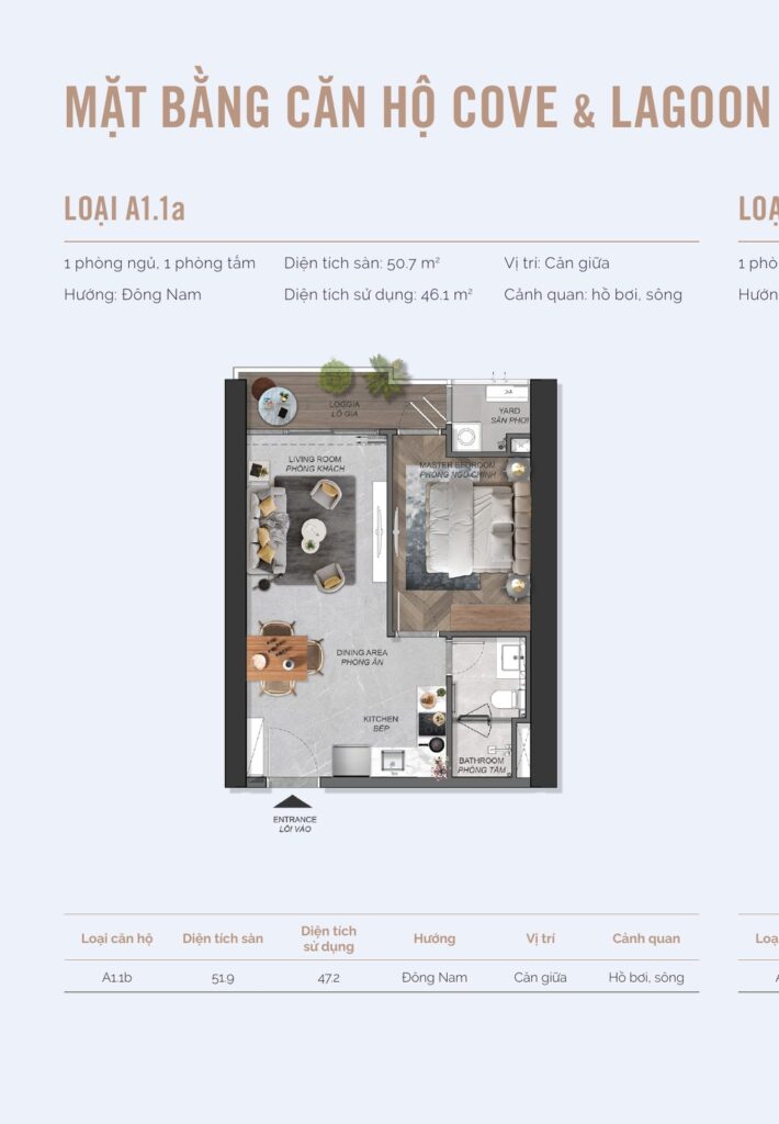Mặt bằng căn hộ loại A1.1a Eaton Park: 1 phòng ngủ 1 phòng tắm, 50,7 m2 sàn, hướng Đông Nam, view hồ bơi và sông | Eaton Park unit type A1.1a floor plan: 1 bedroom 1 bathroom, 50.7 sqm, Southeast facing, pool and river view
