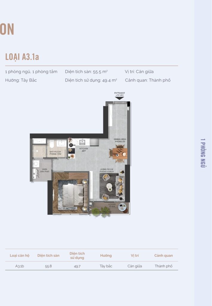 Mặt bằng căn hộ loại A3.1a Eaton Park: 1 phòng ngủ 1 phòng tắm, 55,5 m2 sàn, hướng Tây Bắc, view thành phố | Eaton Park unit type A3.1a floor plan: 1 bedroom 1 bathroom, 55.5 sqm, Northwest facing, city view
