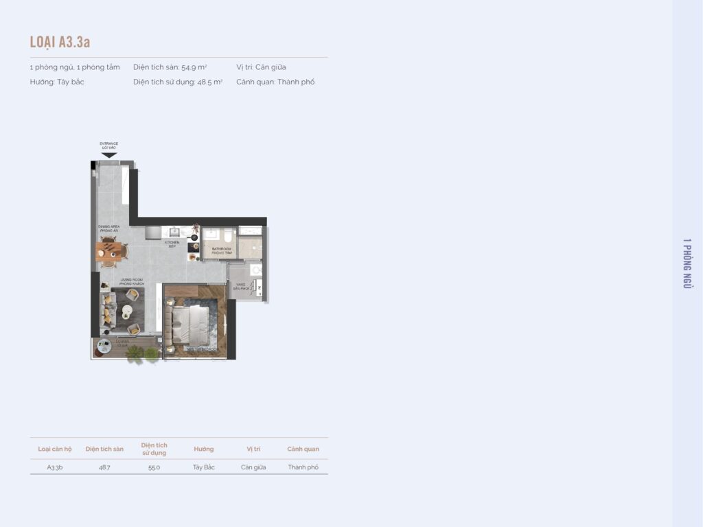 Mặt bằng căn hộ loại A3.3a Eaton Park: 1 phòng ngủ 1 phòng tắm, 54,9 m2 sàn, hướng Tây Bắc, căn giữa view thành phố | Eaton Park unit type A3.3a floor plan: 1 bedroom 1 bathroom, 54.9 sqm, Northwest facing, mid unit with city view