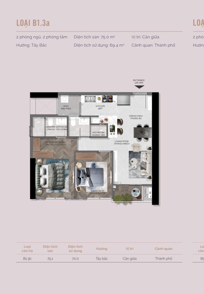 Mặt bằng căn hộ loại B1.3a Eaton Park: 2 phòng ngủ 2 phòng tắm, 75,0 m2 sàn, hướng Tây Bắc, căn giữa view thành phố | Eaton Park unit type B1.3a floor plan: 2 bedrooms 2 bathrooms, 75.0 sqm, Northwest facing, mid unit with city view