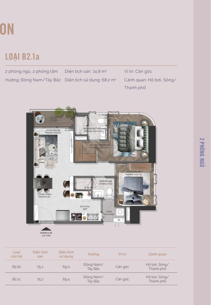 Mặt bằng căn hộ loại B2.1a Eaton Park: 2 phòng ngủ 2 phòng tắm căn góc, 74,8 m2 sàn, view hồ bơi, sông và thành phố | Eaton Park unit type B2.1a floor plan: 2-bedroom 2-bathroom corner unit, 74.8 sqm, pool, river and city view