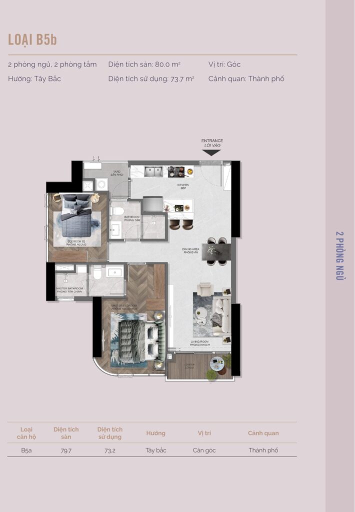 Mặt bằng căn hộ loại B5b Eaton Park: 2 phòng ngủ 2 phòng tắm căn góc, 80,0 m2 sàn, hướng Tây Bắc, view thành phố | Eaton Park unit type B5b floor plan: 2-bedroom 2-bathroom corner unit, 80.0 sqm, Northwest facing, city view