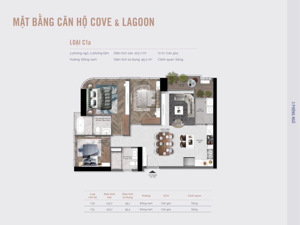 Mặt bằng căn hộ loại C1a Eaton Park: 3 phòng ngủ 2 phòng tắm căn góc, 103,7 m2 sàn, hướng Đông Nam, view sông | Eaton Park unit type C1a floor plan: 3-bedroom 2-bathroom corner unit, 103.7 sqm, Southeast facing, river view