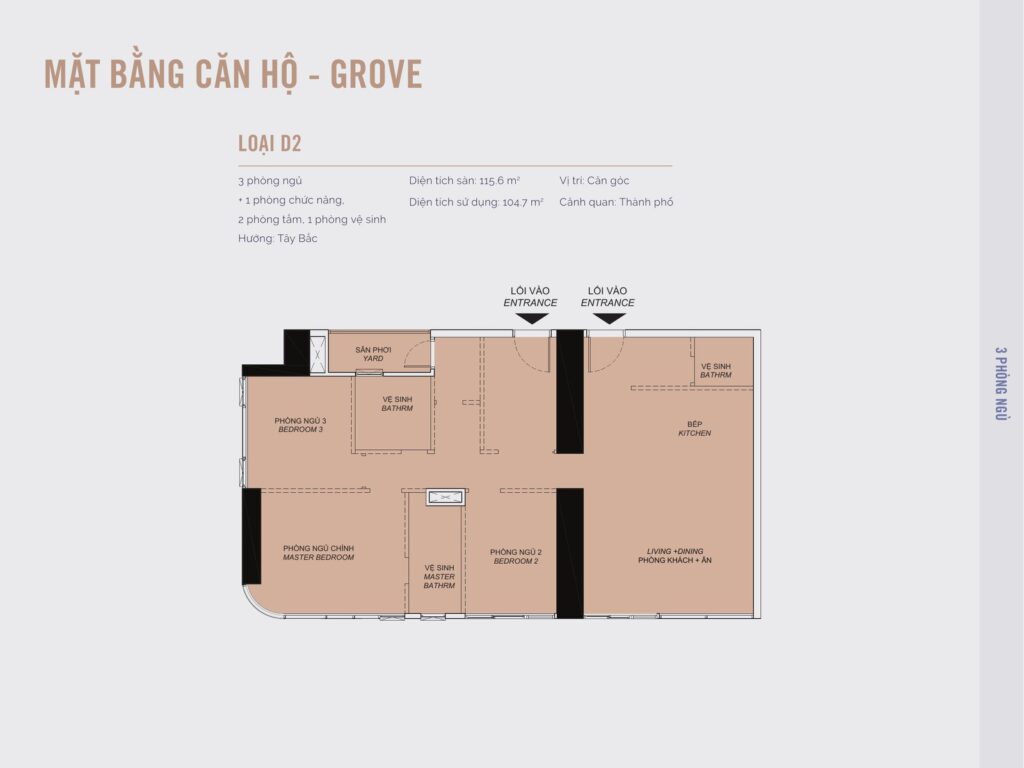 Mặt bằng căn hộ kép loại D2 tại Grove Eaton Park: 3 phòng ngủ cộng 1 phòng chức năng, 115,6 m2 sàn, căn góc hướng Tây Bắc | Eaton Park Grove dual-key unit type D2 floor plan: 3 bedrooms plus 1 flexible room, 115.6 sqm, Northwest corner unit