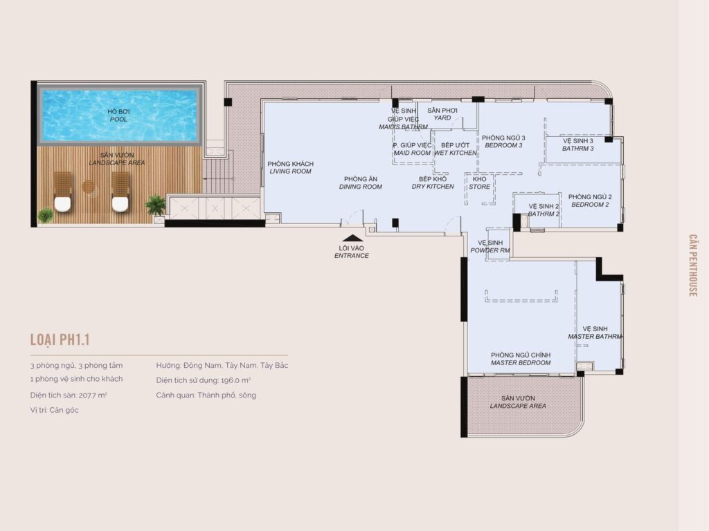 Mặt bằng căn penthouse PH1.1 Eaton Park: 3 phòng ngủ 3 phòng tắm, 207,7 m2 sàn, hồ bơi và sân vườn riêng, view thành phố và sông | Eaton Park penthouse PH1.1 floor plan: 3 bedrooms 3 bathrooms, 207.7 sqm, private pool and garden, city and river view