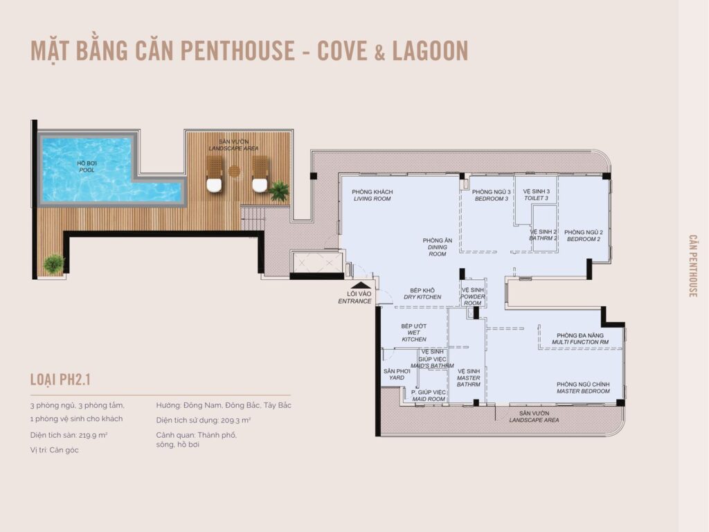 Mặt bằng căn penthouse PH2.1 Eaton Park: 3 phòng ngủ 3 phòng tắm, 219,9 m2 sàn, hồ bơi và sân vườn riêng, căn góc view thành phố, sông và hồ bơi | Eaton Park penthouse PH2.1 floor plan: 3 bedrooms 3 bathrooms, 219.9 sqm, private pool and garden, corner unit with city, river and pool view