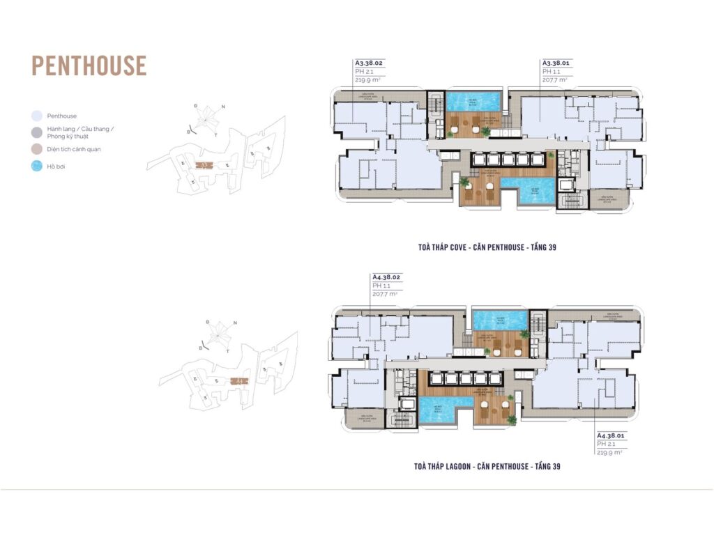Mặt bằng tầng 39 tại tháp Cove và Lagoon Eaton Park, tầng penthouse với hồ bơi và sân vườn riêng cho từng căn | Eaton Park level 39 floor plate at Cove and Lagoon towers, penthouse level with private pool and garden per unit
