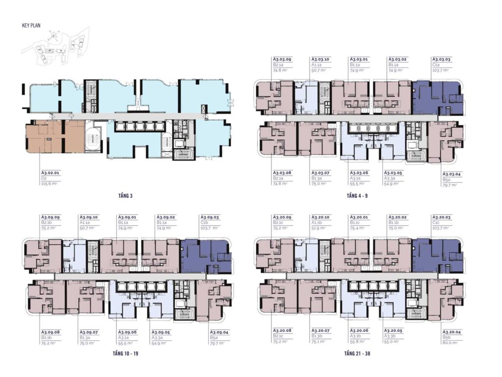 Mặt bằng các tầng tháp Cove A3 Eaton Park gồm tầng 3, tầng 4-9, tầng 10-19 và tầng 21-38 với vị trí từng loại căn | Eaton Park Cove A3 tower floor plates for level 3, levels 4-9, 10-19 and 21-38 showing each unit type position