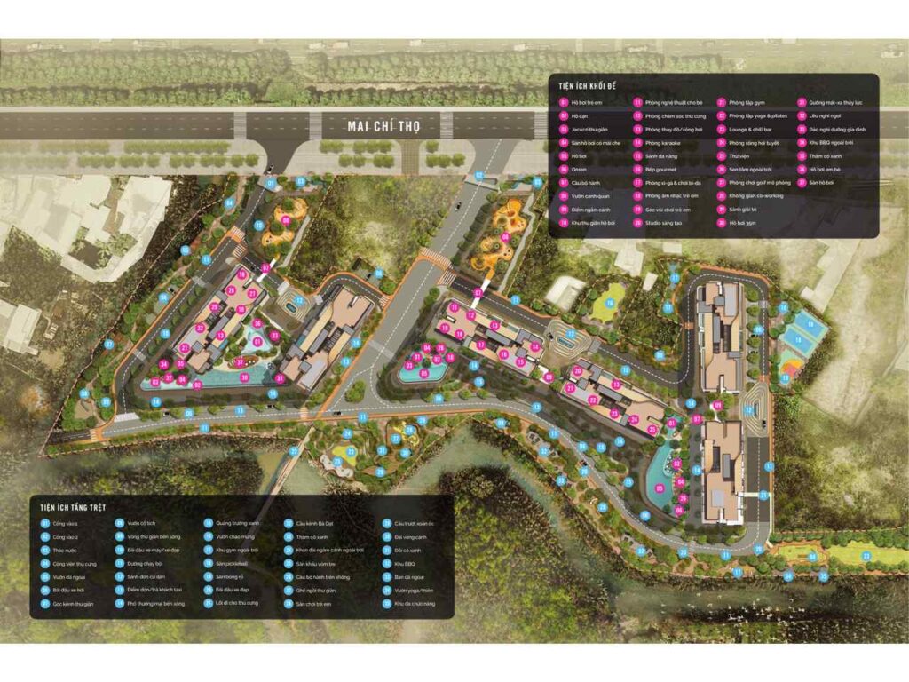 Sơ đồ tổng mặt bằng tiện ích nội khu Eaton Park, tiện ích khối đế và tầng trệt | Master site plan of Eaton Park's podium and ground-level amenities